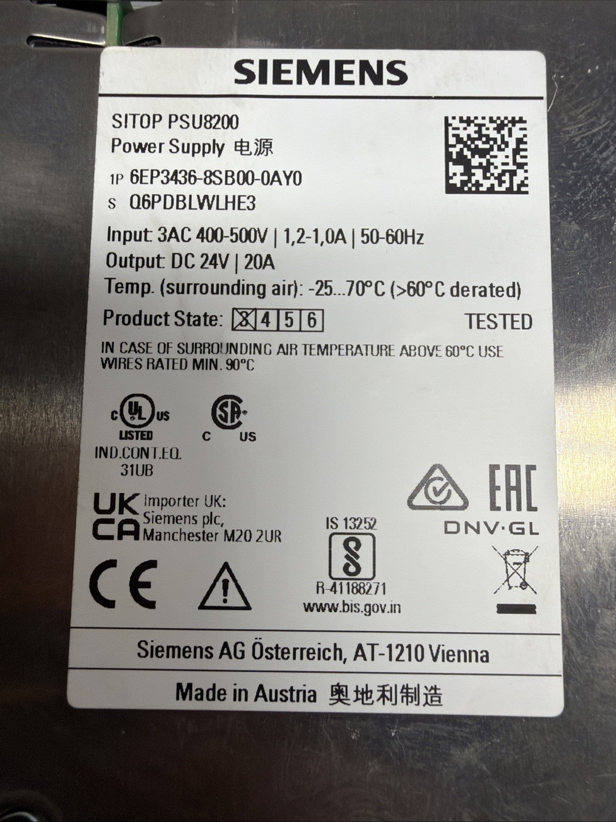Siemens 6EP3436-8SB00-0AY0 24VDC 20A Power Supply, SITOP PSU8200 (1.2.1)