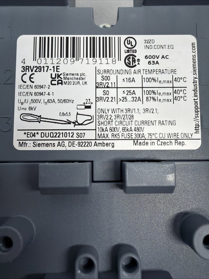 Siemens 3RV2917-1E SIRIUS 3-Phase Busbar Right Infeed New Open Box (1.2.2)