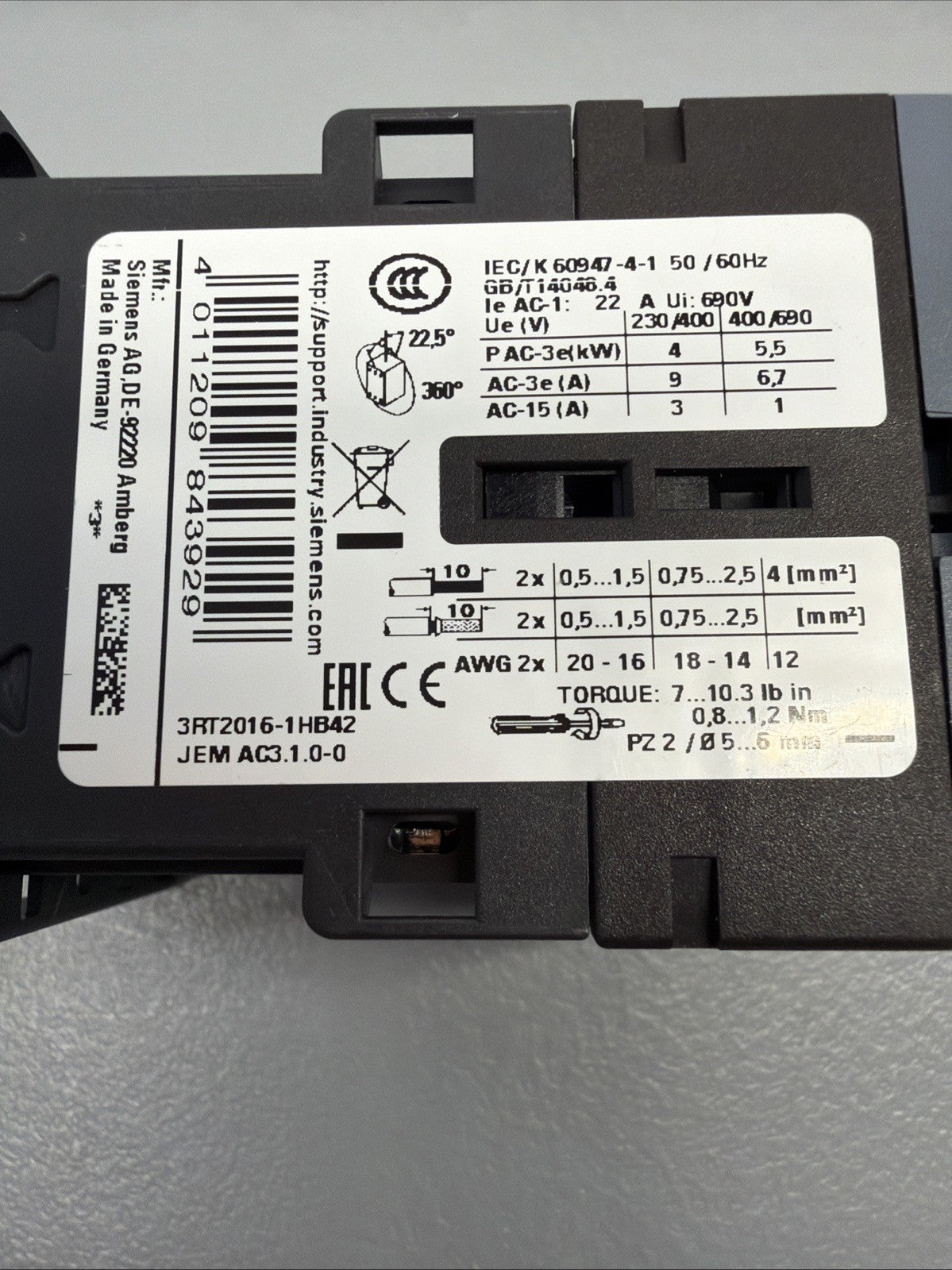 Siemens 3RT2016-1HB42 SIRIUS Contactor w 3RT2916-1BB00 New Open Box (1.2.2)