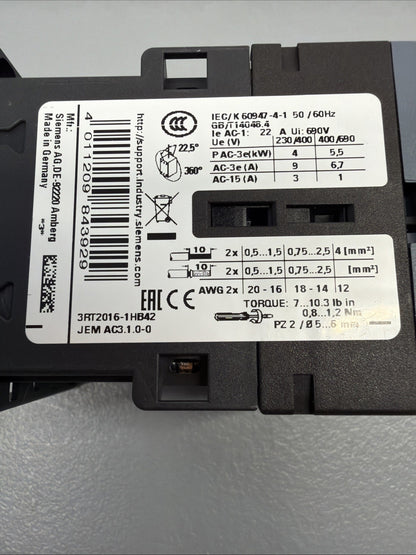 Siemens 3RT2016-1HB42 SIRIUS Contactor w 3RT2916-1BB00 New Open Box (1.2.2)