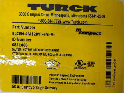 Turck BLCEN-4M12MT-4AI-VI BL Compact I/O Module 6811468 New in Box 1.2.4