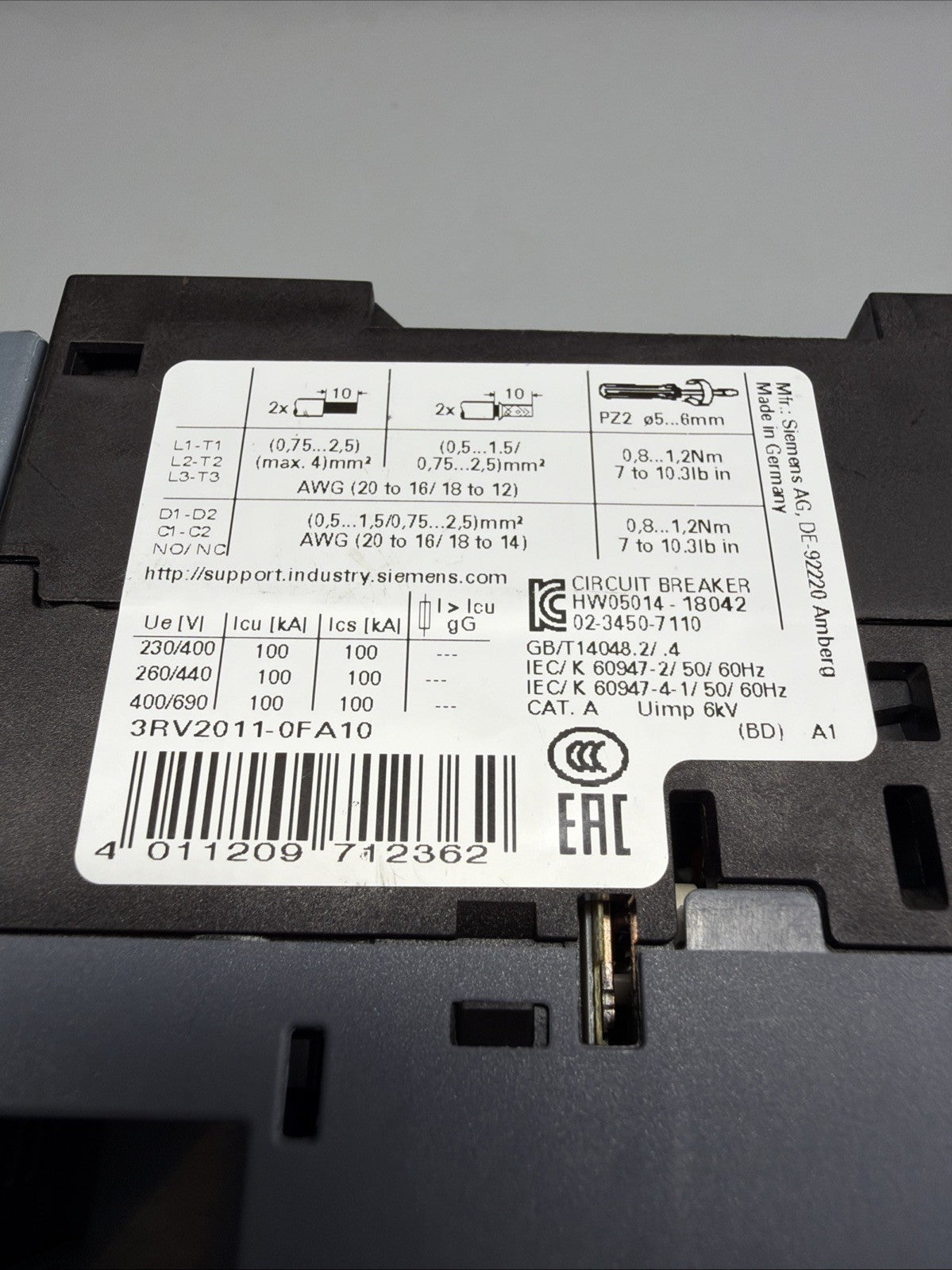 Siemens 3RV2011-0FA10 SIRIUS Motor Protection Circuit Breaker 0.35-0.5A New(141)