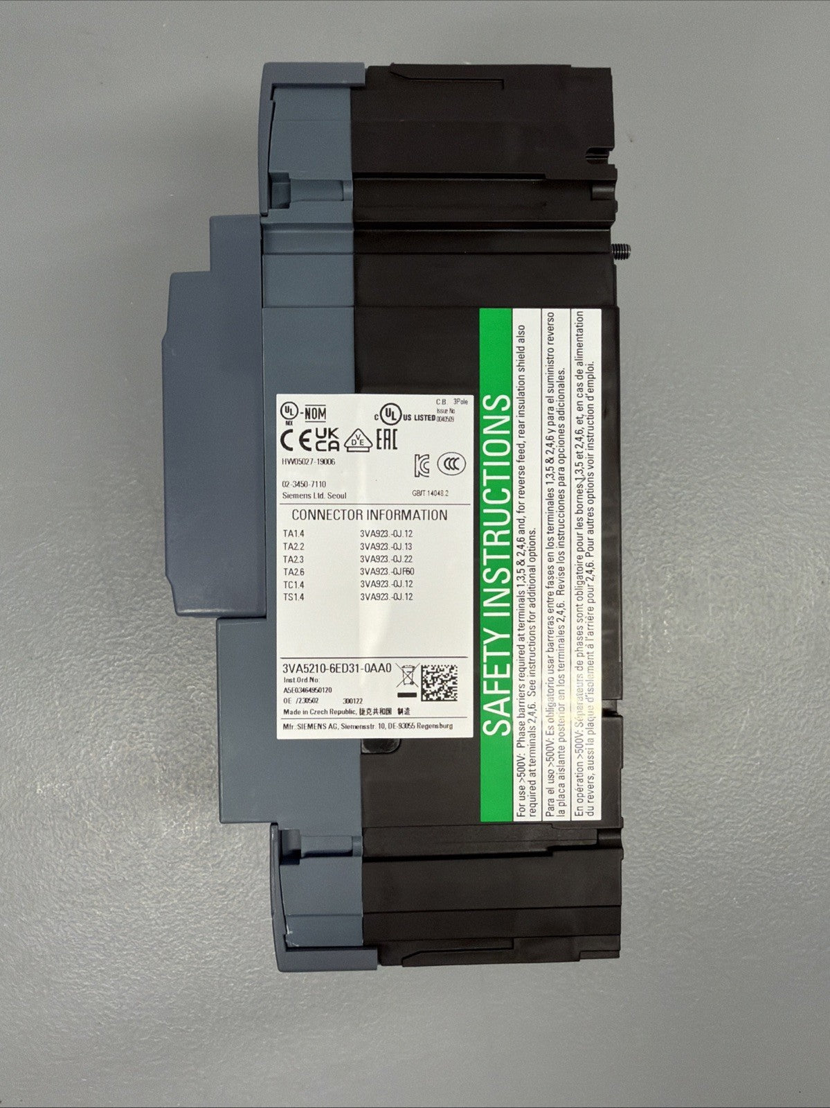 Siemens 3VA5210-6ED31-0AA0 Circuit Breaker 100A 800V New Open Box (1.3.4)