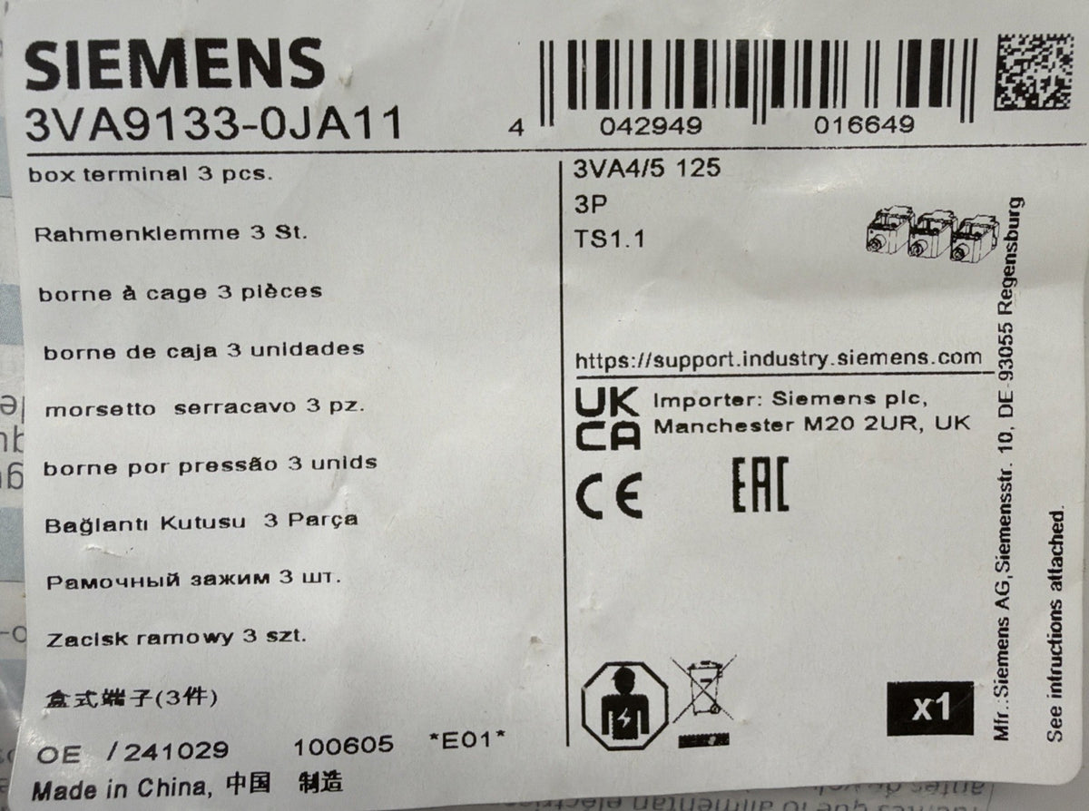 Siemens 3VA9133-0JA11 SENTRON 3VA4 3VA5 125A 3P Box Terminal Set New (1.4.2)