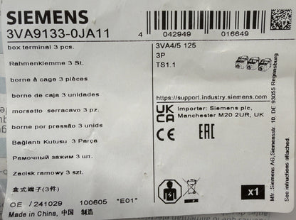 Siemens 3VA9133-0JA11 SENTRON 3VA4 3VA5 125A 3P Box Terminal Set New (1.4.2)