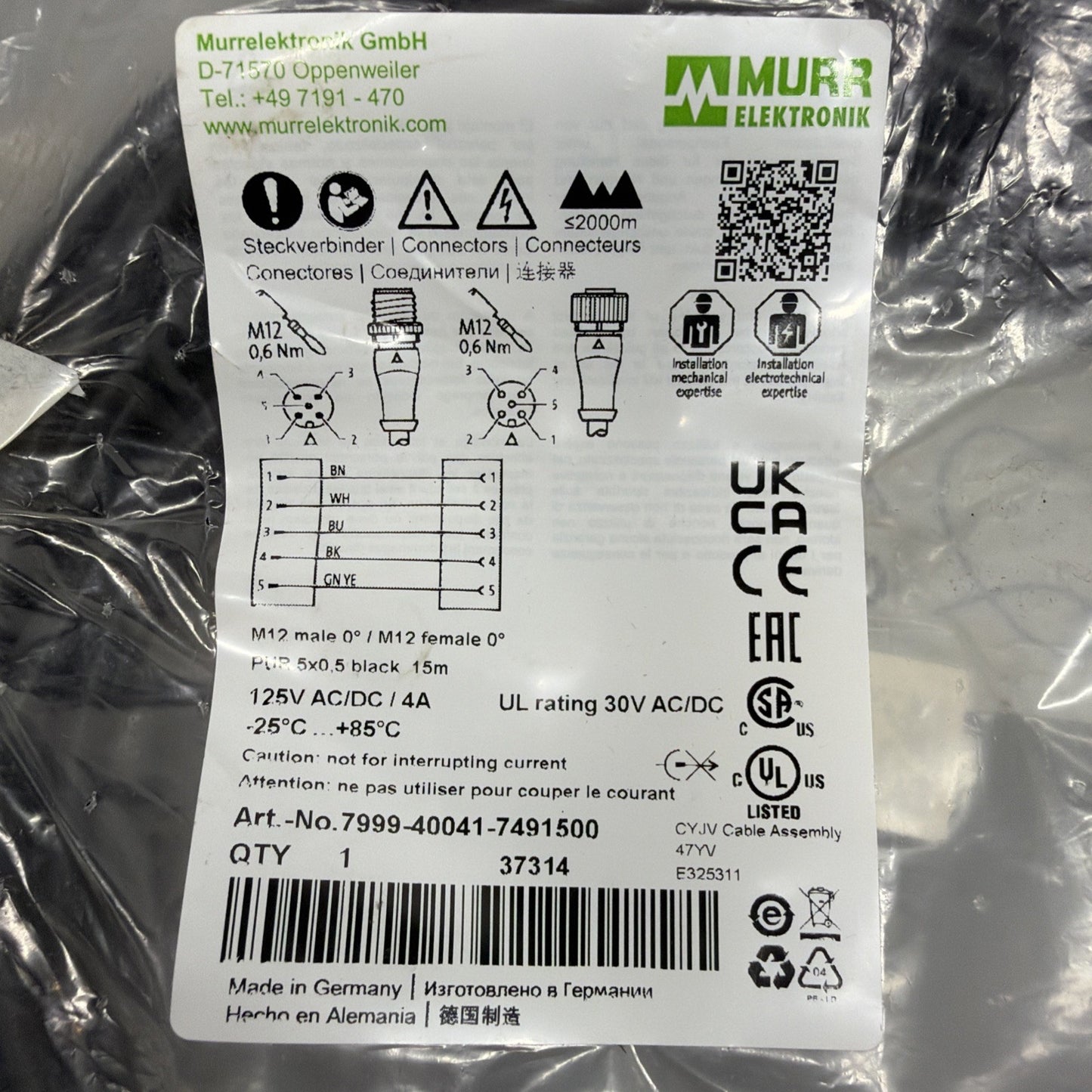 Murr Elektronik 7999-40041-7491500 M12 Male Female Cable 15m New Sealed (1.4.3)