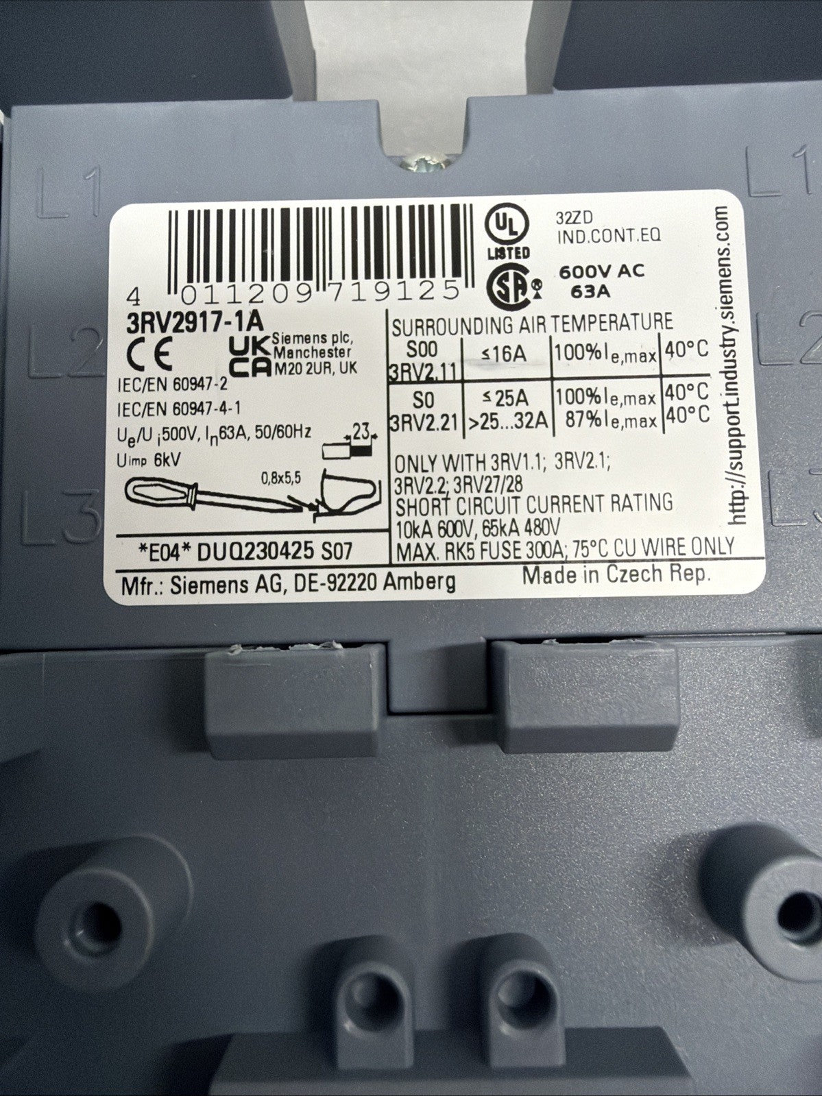 Siemens 3RV2917-1A SIRIUS Front Mounted Auxiliary Contact Block Open Box