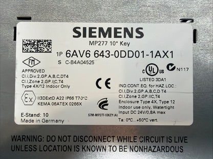 Siemens 6AV6643-0DD01-1AX1 SIMATIC MP277 Operator Panel Great Condition  (1.2.2)